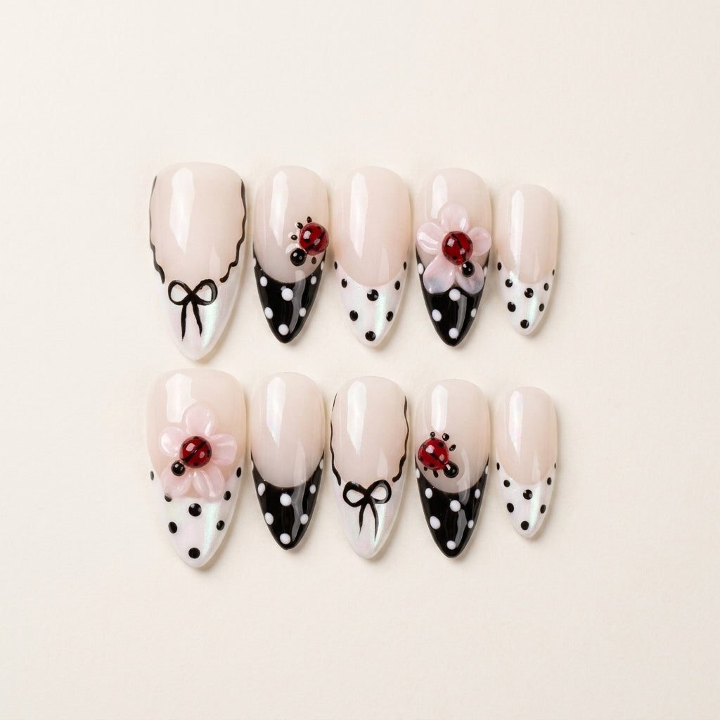 Ladybird Bow – Soft Feminine Almond Press-On Nails