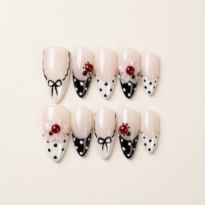 Ladybird Bow – Soft Feminine Almond Press-On Nails