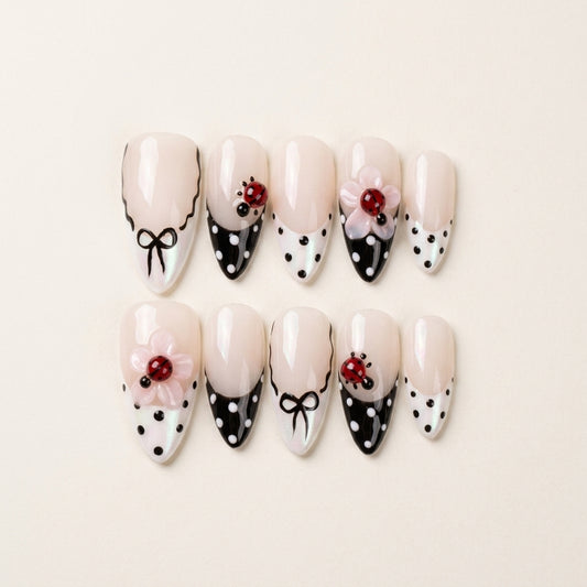 Ladybird Bow – Soft Feminine Almond Press-On Nails