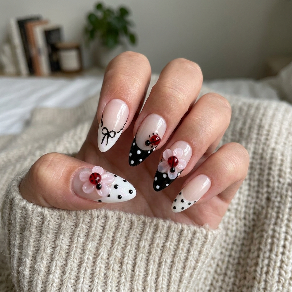 Ladybird Bow – Soft Feminine Almond Press-On Nails