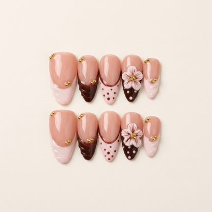 Mocha Blossom – Soft Feminine Almond Press-On Nails
