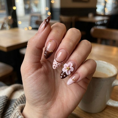 Mocha Blossom – Soft Feminine Almond Press-On Nails