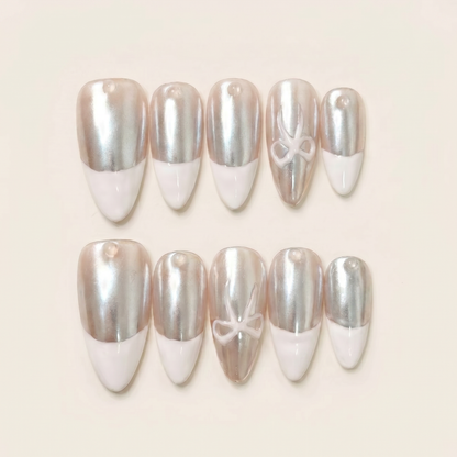 Silver Ribbon – Main Character Silver Chrome French Almond Press-On Nails