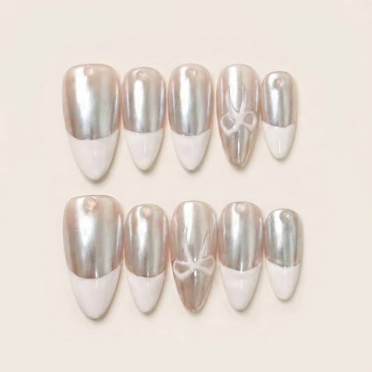 Silver Ribbon – Main Character Silver Chrome French Almond Press-On Nails