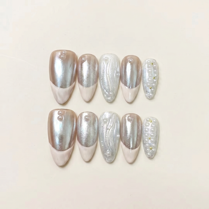 Silver Sparkle – Main Character Silver Chrome & Glitter French Almond Press-On Nails