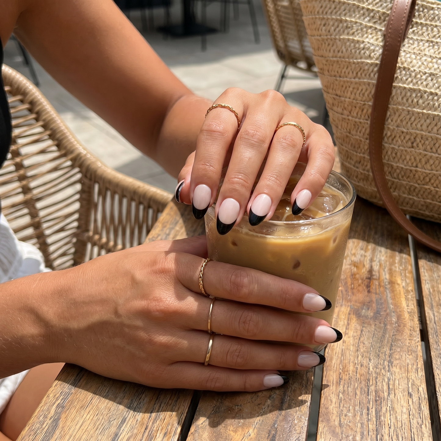 Midnight Frame – Dark Feminine Black French Almond Press-On Nails