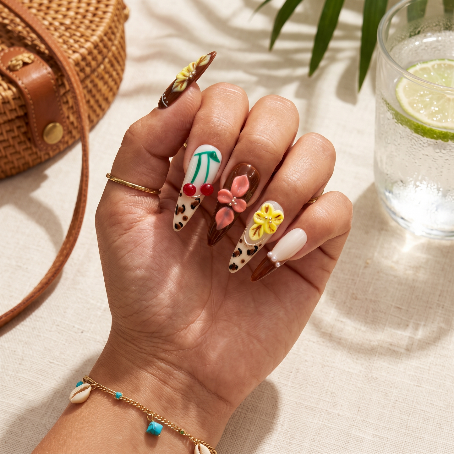 Coffee Confetti – Main Character Leopard & Yellow Bow Stiletto Press-On Nails