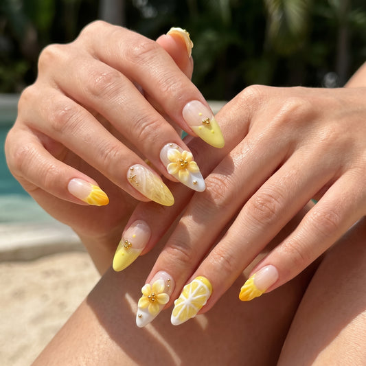 Sunny Bloom – Soft Feminine Yellow Floral Almond Press-On Nails