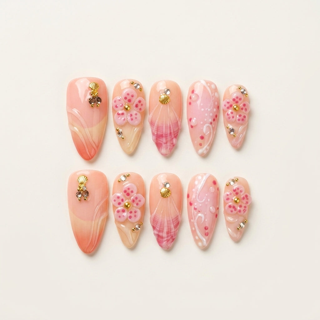 Peach Seashell – Soft Feminine Almond Press-On Nails