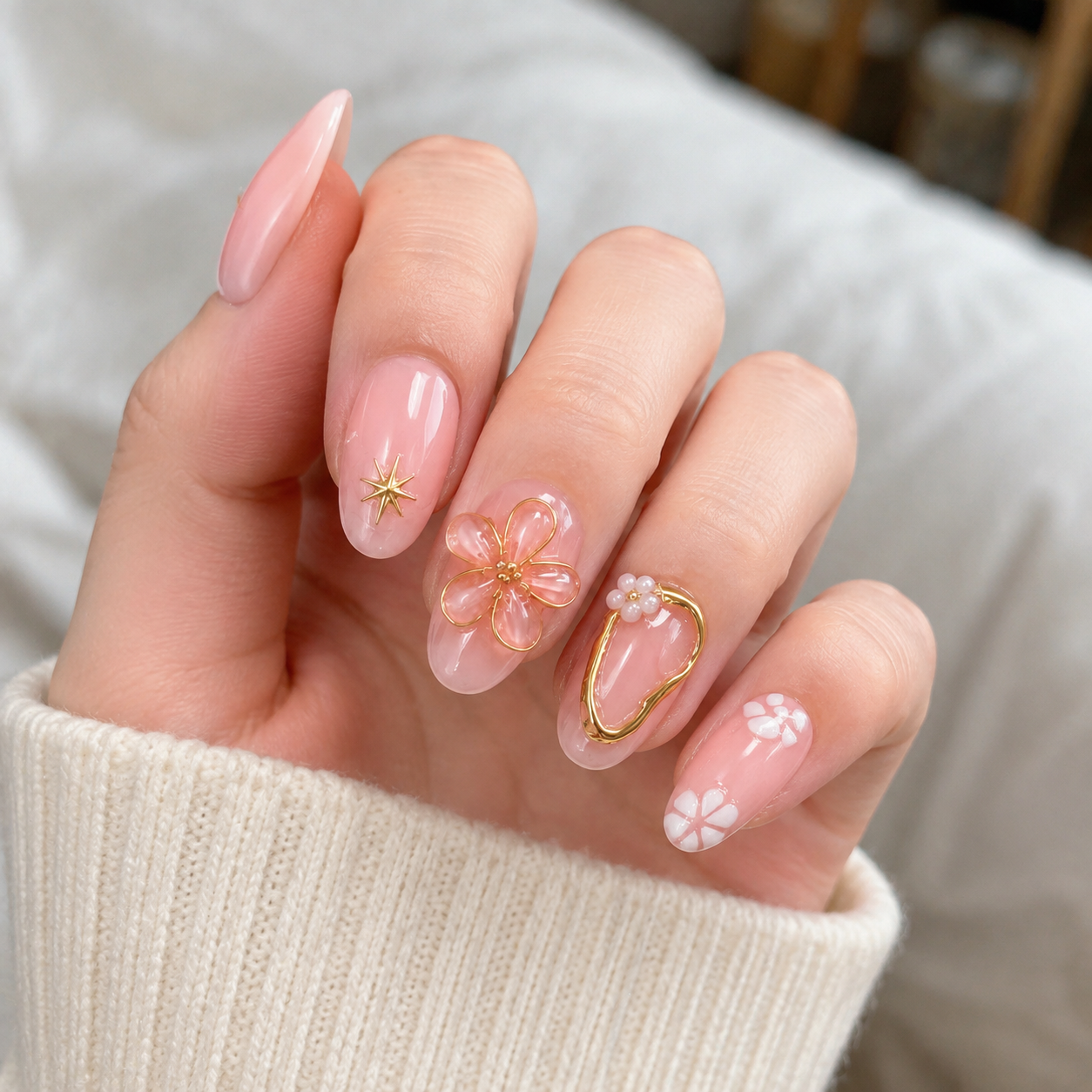 Petal Halo – Soft Feminine Almond Press-On Nails
