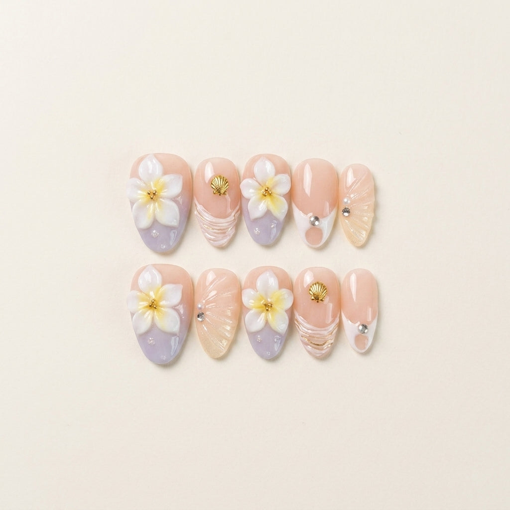 Plumeria Dream – Soft Feminine Almond Press-On Nails