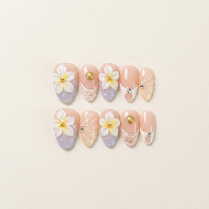 Plumeria Dream – Soft Feminine Almond Press-On Nails