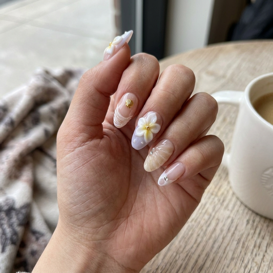 Plumeria Dream – Soft Feminine Almond Press-On Nails